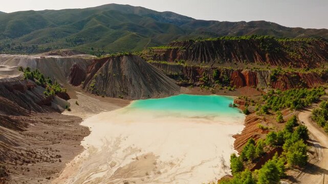 Aerial drone turquoise mining lake colorful quarry landscape Greece