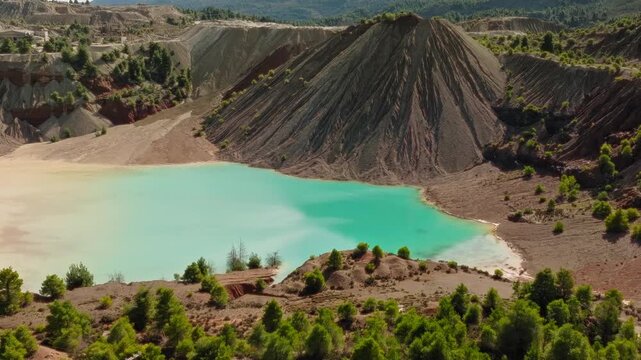 Turquoise quarry lake dramatic mineral terrain aerial drone Greece