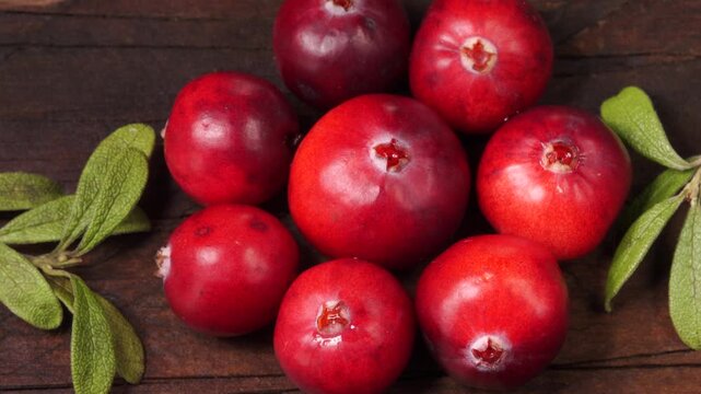 Cranberries with green leaves on vintage wooden board slowly rotating, top view.
