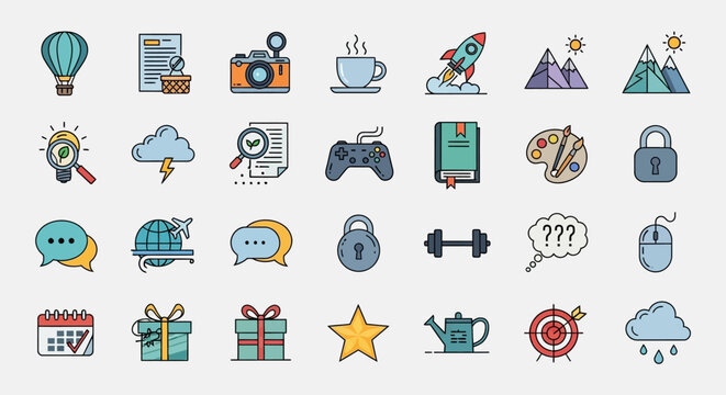 Collection of colorful icons and symbols.