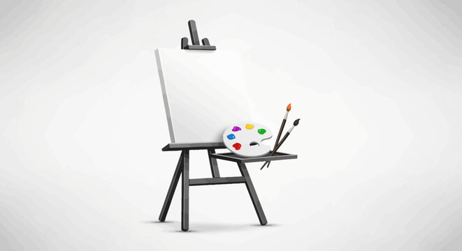 Easel with canvas and paint brushes.