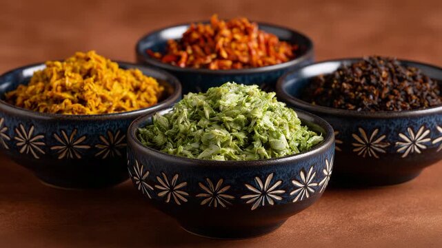 187Traditional paste condiments in cultural bowls arrangement, handcrafted ceramic bowls holding different spicy and savory pastes, elegant yet simple layout, curated for authentic cu