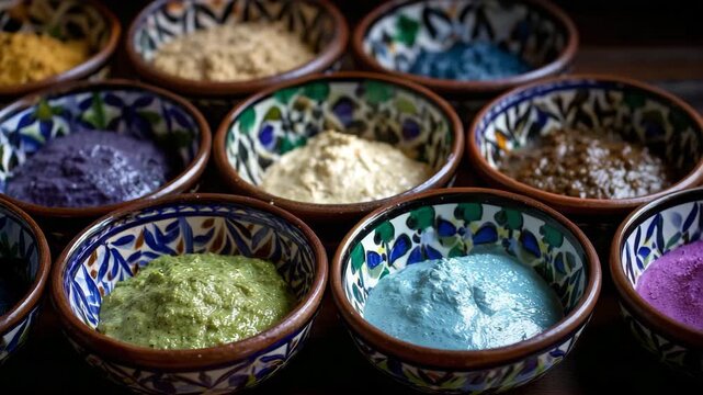186Traditional paste condiments in cultural bowls arrangement, symmetrical arrangement of vibrant pastes in traditional bowls, soft natural lighting enhancing color and texture, empha