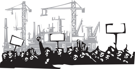 Obraz premium Woodcut style image of protesters in front of a factory