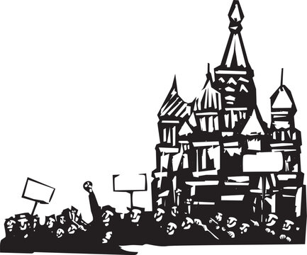Woodcut style image of protesters in front of the kremlin in moscow