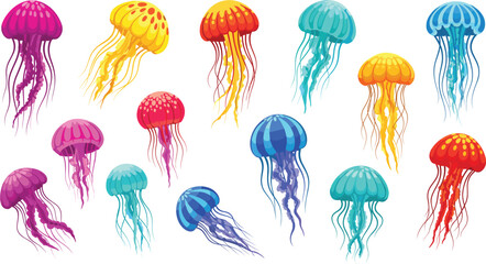 Colorful jellyfish collection with glowing underwater creatures isolated on white background marine life flat vector illustration set © Prodip
