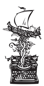 Woodcut style image of a type writer with a greek galley emerging from it
