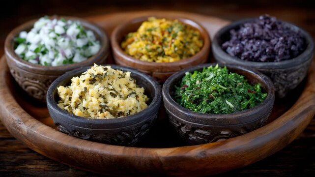 195Traditional paste condiments in cultural bowls arrangement, vibrant condiments in traditional pottery, arranged on wooden board with minimal decoration, focus on heritage, fermenta