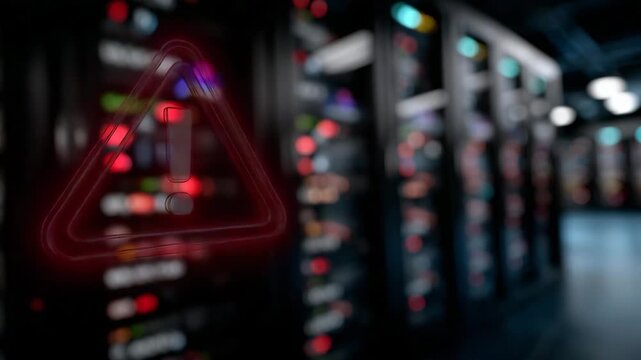 205Server alert with glowing red exclamation mark symbol, floating bright red alert graphic in front of rows of servers, emergency notification emphasizing technical problem and data