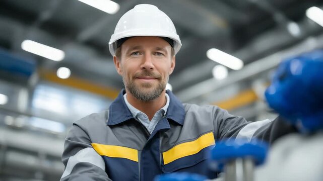 257Routine inspections and scheduled service activities foundation, worker examining water treatment system valves, bright workshop lighting highlighting precision, maintenance proced