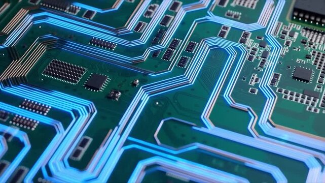 A close up of a green electronic board with many small components