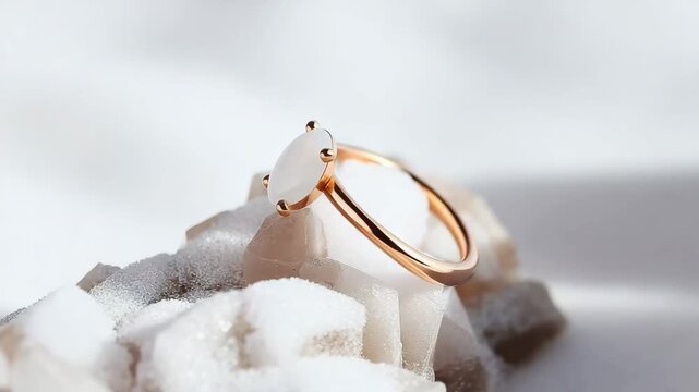 A golden ring featuring a white stone is shown on a rock surface. The light enhances its shine as the camera focuses on its unique design. The setting showcases natural elements