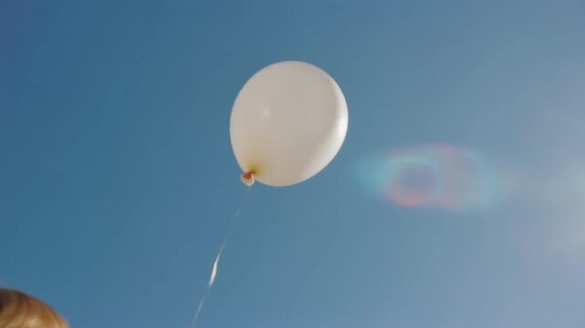 white balloon floating in clear blue sky with string and lens flare