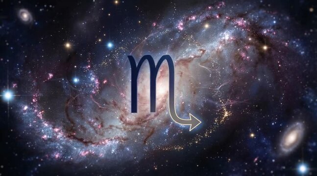 Scorpio zodiac symbol overlaid on deep space galaxy background. Astrological star sign icon set against cosmic nebula for horoscope astronomy concept visualization.