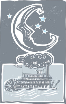 Woodcut style moon and a steam riverboat