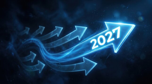 Multiple neon arrows converging into 2027 arrow up. Success and growth concept.
