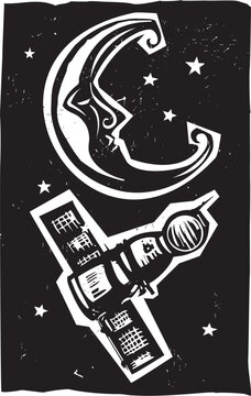 Woodcut style image of a russian spacecraft orbiting a moon with a face