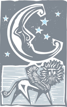 Woodcut style image of a manticore under a moon with a face.