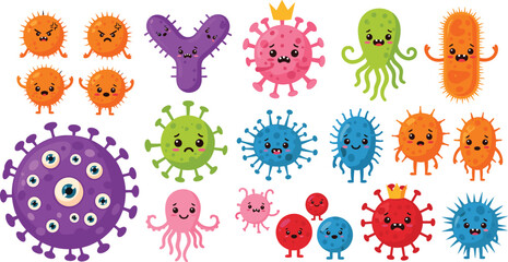Cute cartoon bacteria and virus characters collection with funny germs microbes and cells colorful vector illustration set © Prodip