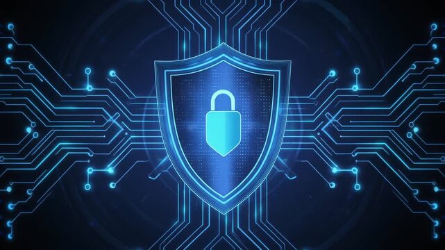 Digital security shield with glowing blue lock and circuit board backg