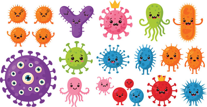 Cute cartoon bacteria and virus characters collection with funny germs microbes and cells colorful vector illustration set