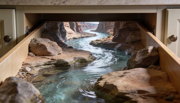 Revealing wooden kitchen drawer showing canyon river diorama beneath marble top, with brass knobs
