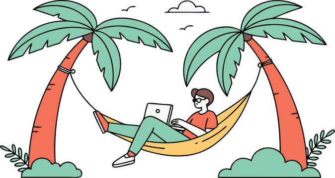 Digital nomad working on a laptop in a hammock between palm trees on a tropical beach, flat vector illustration of remote work lifestyle.