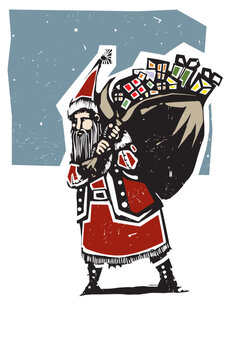 Woodcut style image of Santa Claus with a bag of toys