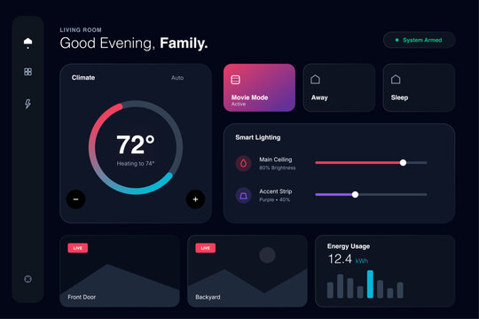 Modern smart home dashboard UI vector featuring climate control, lighting, security cameras, and energy usage. Ideal for IoT apps, home automation systems, and digital control interfaces.