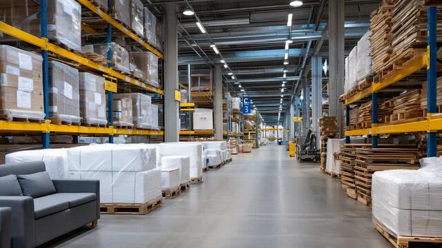 314Perspective shot of a furniture distribution warehouse with white plastic-wrapped boxes, sofas and tables visible under wraps, tidy rows, wide aisles, bright ceiling lights highlig