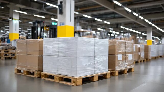 321Wide-angle view of furniture boxes wrapped in white protective plastic, stacked on pallets across a distribution warehouse floor, bright clean environment, efficient storage and sh
