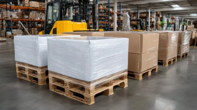 320Wide-angle view of furniture boxes wrapped in white protective plastic, stacked on pallets across a distribution warehouse floor, bright clean environment, efficient storage and sh