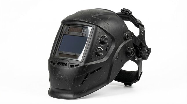 Black welding helmet with dark screen and adjustable settings on side