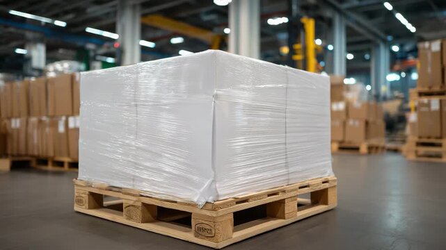 327Macro detail of a white-plastic-wrapped furniture box on a pallet, corner edges and reflective surfaces emphasized, surrounding boxes blurred, warehouse interior softly visible