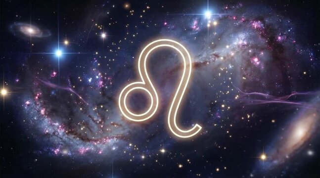 Leo zodiac sign symbol glowing in deep space with stars and nebulae. Astrology horoscope icon floating in starry galaxy. Cosmic background for spiritual event.