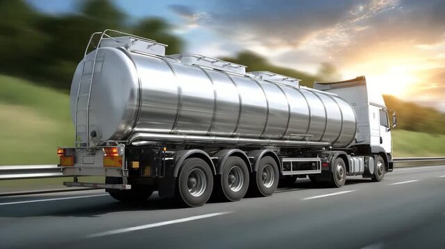 332Chemical tanker truck driving on a sunlit highway, reflective stainless steel tank glinting, road stretching into horizon, safety decals visible, dynamic transport scene, industria