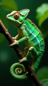 Vibrant green chameleon, prehensile tail gripping branch, skin, green chameleon