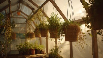 Fototapeta premium Lush hanging herb garden inside a bright greenhouse structure with abundant green foliage