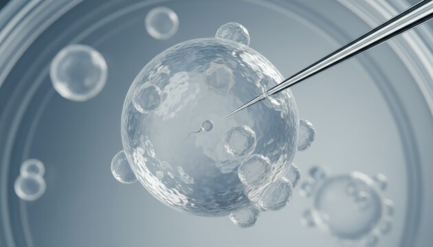 Micro needle injecting a sperm into a human ovum under microscope, symbolic of in vitro fertilization and assisted reproductive technology for infertility treatment and hope