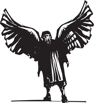 Woodcut expressionist style image of Winged Daedalus the inventor