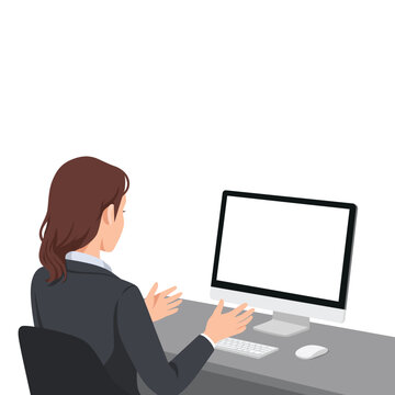 Businesswoman Explaining Ideas at Computer Workspace. Flat vector illustration isolated on white background
