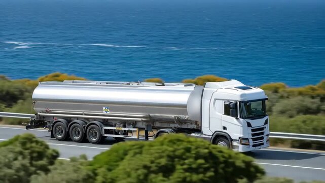 348Chemical tanker truck driving along coastal highway, metallic tank reflecting sunlight and surroundings, safety decals visible, dynamic industrial transport and logistics scene