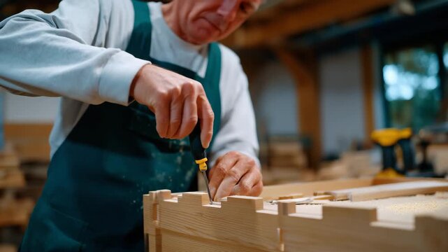 4Detailed scene of a craftsman assembling a wooden drawer using a screwdriver, dovetail joints visible, smooth birch wood surface, fine dust on workbench, soft directional light, re