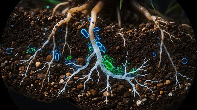 Rhizosphere microbiome Plant roots and beneficial microorganisms in symbiotic interaction within soil, crucial for nutrient uptake and plant health