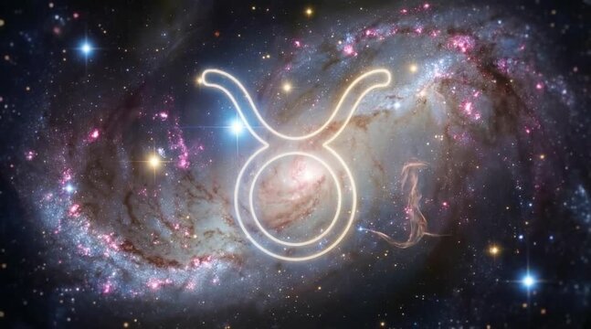 Taurus zodiac sign glowing in deep space. Astrological symbol of bull floating among stars and nebula. Cosmic energy of horoscope constellation in night sky.