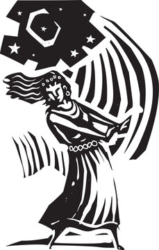 Woodcut style image of an ancient woman dancing 