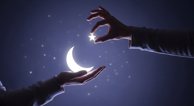 A surreal scene of two hands reaching for the crescent moon in a starry night sky with a sense of wonder EID MUBARAK 