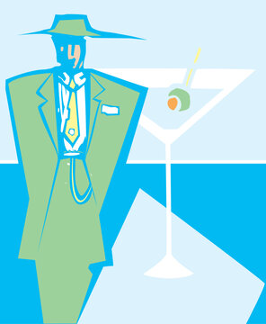 Woodcut style image of a man in a zoot suit