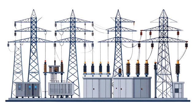 Detailed electrical substation vector illustration with transmission towers, transformers, and circuit breakers showcasing power distribution infrastructure