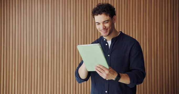 Creative agency, reading and man in office, tablet for social media and internet for online publication. Person, copywriting or journalist in workplace, smile and tech for column submission or scroll